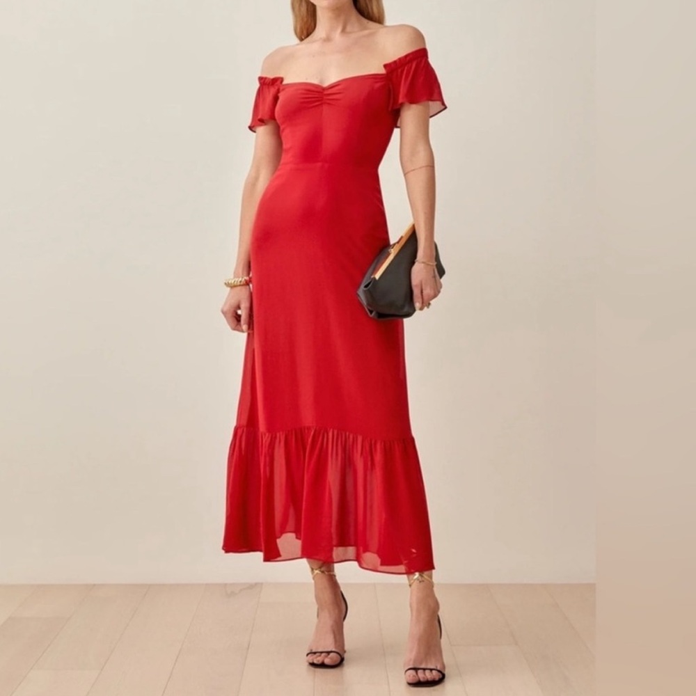 Reformation Red Off-Shoulder Butterfly Flutter Sleeve Midi Dress Size 0 - Picture 2 of 12